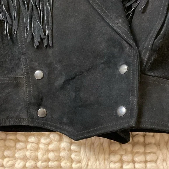 Vintage Cosa Nova Black Suede Leather Fringe Bomber Coat with Floral Print M L - Picture 6 of 12